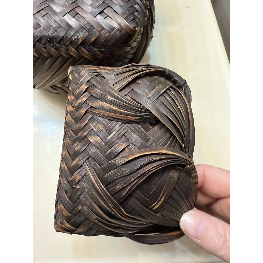 Vintage Japanese Ikebana Woven Bamboo Baskets Hand-Woven Wave Pattern (Set of 2)
